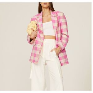 MSGM Checkered Fringe‎ Tweed Jacket Pink Sz40 (US10)